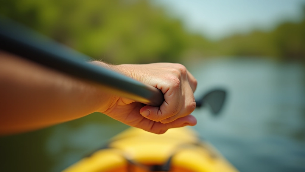 Manos colocadas correctamente en el remo de kayak mostrando agarre neutral y alineación, fotografía de enfoque nítido