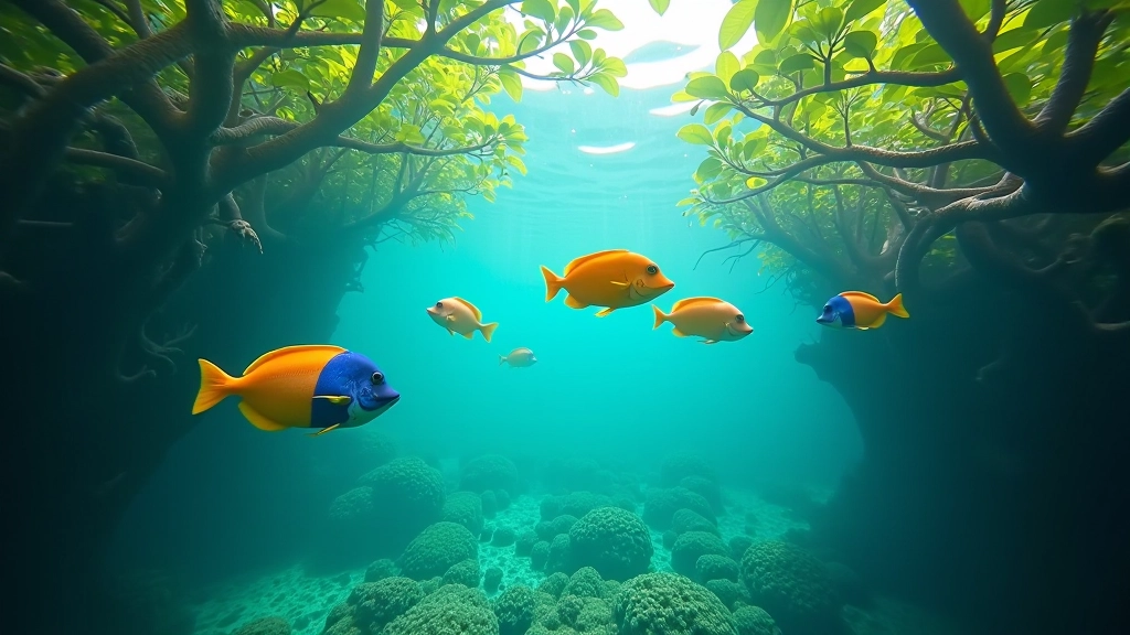 Peces de colores brillantes nadando entre raíces de mangle, agua turquesa, luz solar penetrando el agua, arrecife de coral