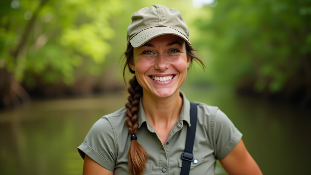 Retrato profesional de guía de kayak mujer, edad 38, sonriendo, con uniforme de guía, frente a manglares, luz cálida, sin texto