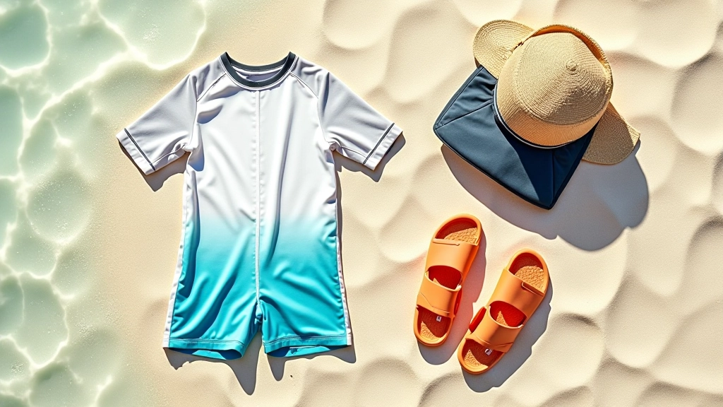 Colección de ropa de kayak tendida sobre arena: camiseta UV de secado rápido, pantalones cortos deportivos, sandalias de agua y una gorra deportiva