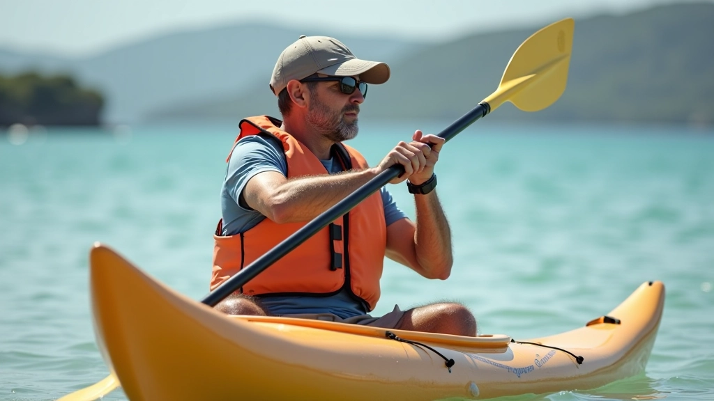 Instructor en kayak demostrando técnica de remo correcta a grupo de jubilados en la orilla, todos con chalecos de vida