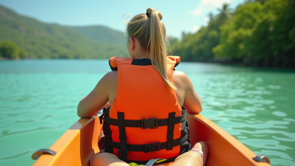 Interior de un kayak mostrando un cojín de espuma para la espalda, una botella de agua asegurada, y un chaleco salvavidas bien ajustado