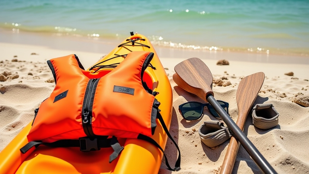 Equipamiento de kayak: chaleco salvavidas, remos, botas de agua y gafas de sol sobre arena de playa