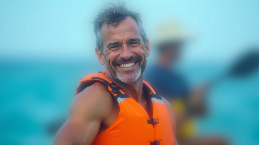 Retrato profesional de guía de kayak varón, edad 45, sonriendo, con chaleco salvavidas, frente al mar, luz natural, sin texto