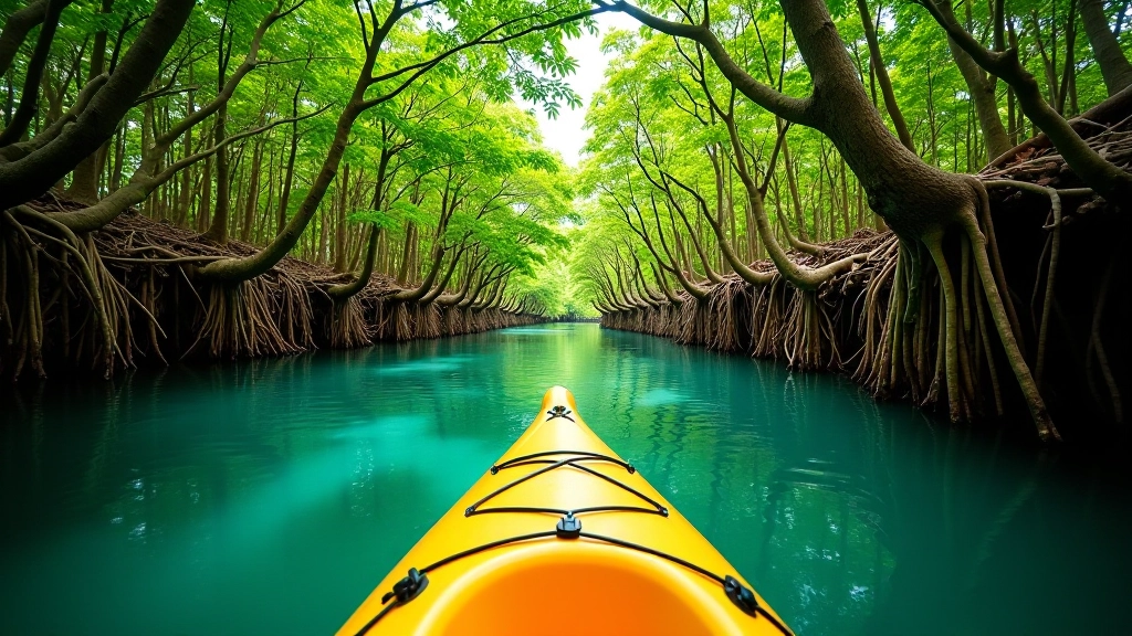 Manglares de La Parguera con raíces entrelazadas, agua cristalina, vegetación exuberante y luz natural