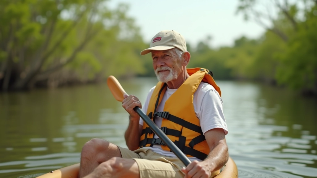 Remero jubilado sentado correctamente en kayak con postura erguida, vista lateral en agua tranquila de manglares