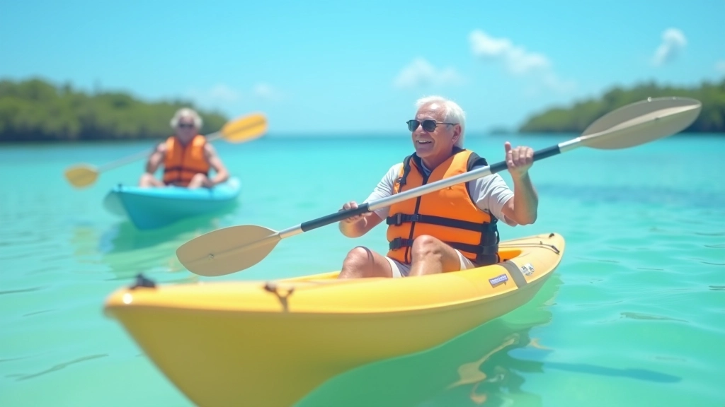 Grupo de jubilados en kayaks en aguas cristalinas de los cayos, sonriendo, con chaleco de vida naranja