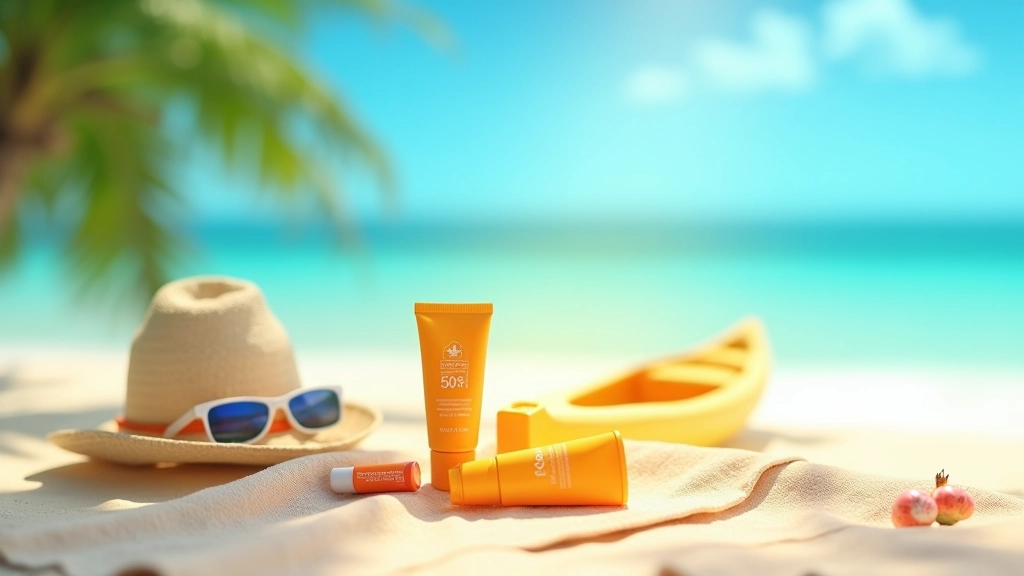Botellas y tubos de protector solar con SPF alto, gafas de sol polarizadas y un sombrero deportivo sobre una toalla de playa