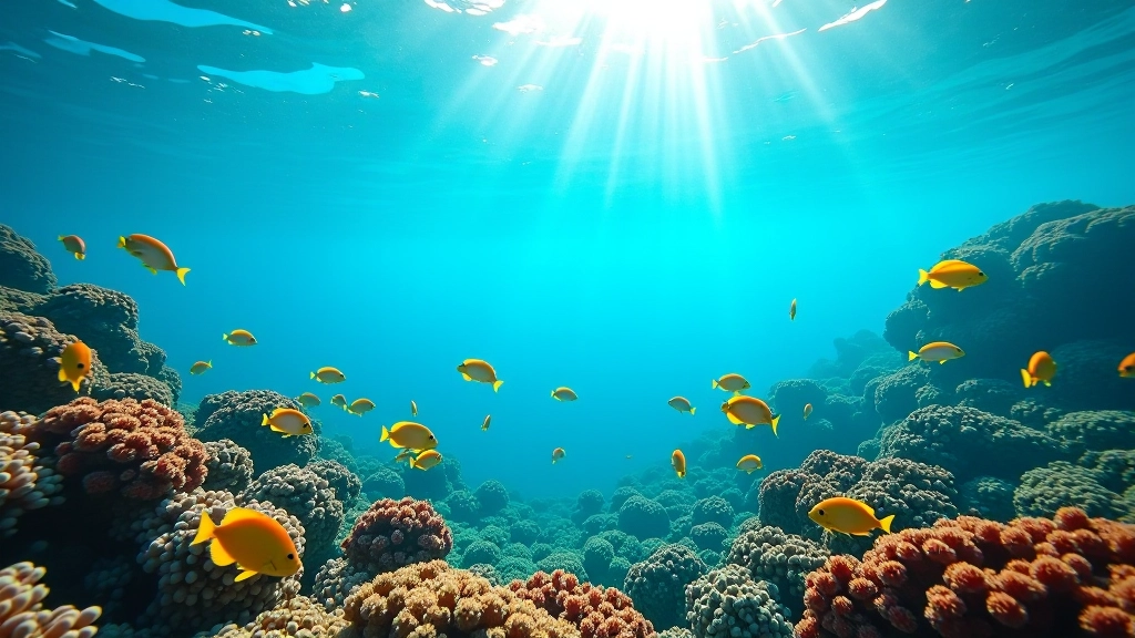 Vistas submarinas de peces tropicales coloridos y arrecife de coral en aguas cristalinas de La Parguera, luz solar penetrando el agua
